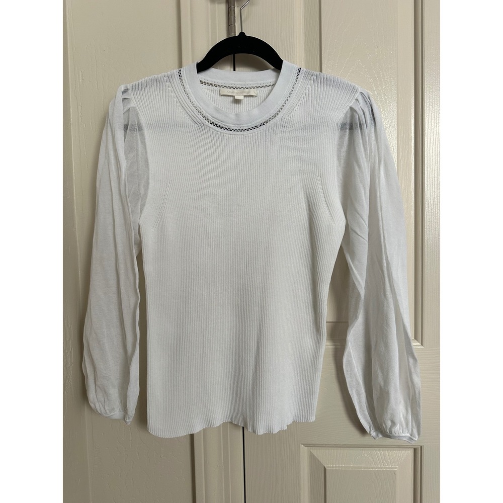 Jonathan Simkhai White Ribbed Knit Sheer Puff Sleeve Top L